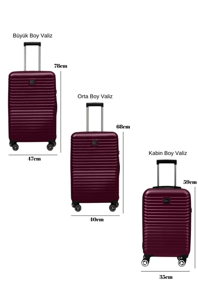 3'lü Valiz Seti Polikarbon Valiz 4x2 Teker Bordo 1811 - Resim 2