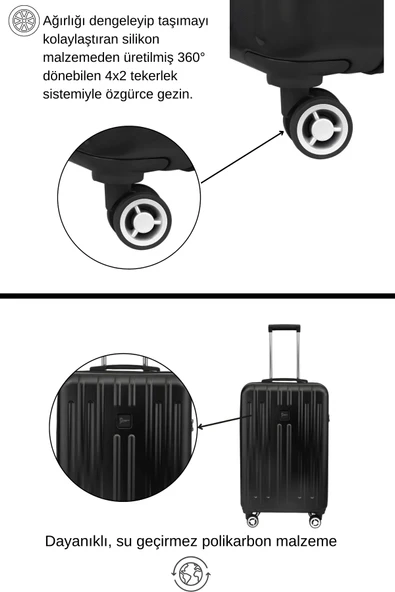 Orta Boy %100 Polikarbon Valiz Parlak Siyah 1810 - 3