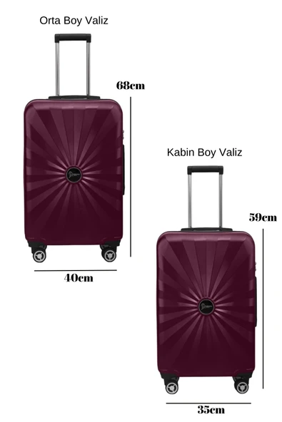2'li Valiz Seti Polikarbon Orta Boy - Kabin Boy Valiz Bordo 1809 - Resim 2