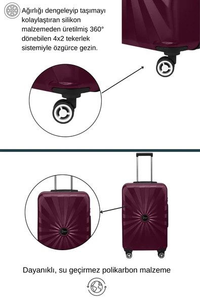 Kabin Boy %100 Polikarbon Valiz 4x2 Teker Bordo 1809 - Resim 3