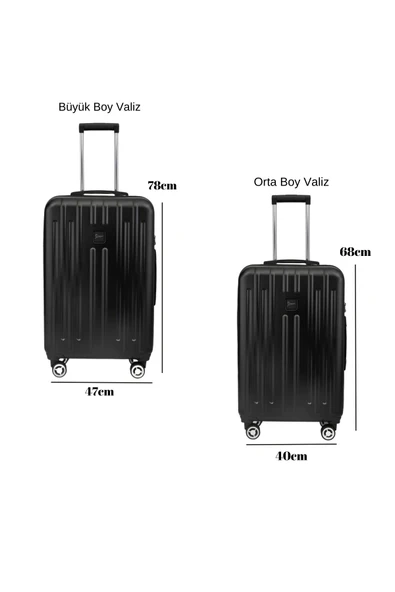 2'li Valiz Seti Polikarbon Büyük Boy – Orta Boy Valiz Parlak Siyah 1810 - Resim 2