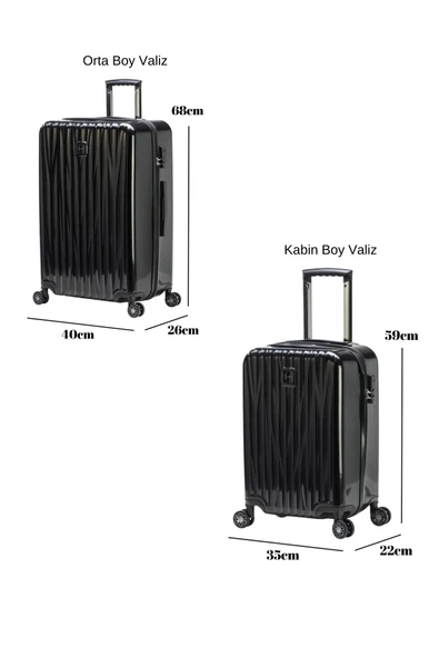 2'li Valiz Seti Polikarbon Orta Boy - Kabin Boy Valiz Siyah 1815 - Resim 2