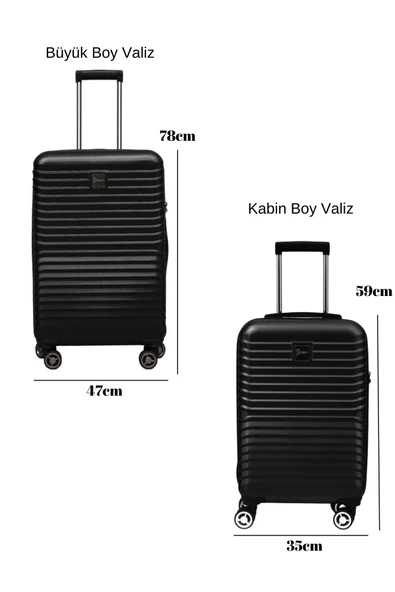 2'li Valiz Seti Polikarbon Büyük Boy – Kabin Boy Valiz Siyah 1811 - Resim 2