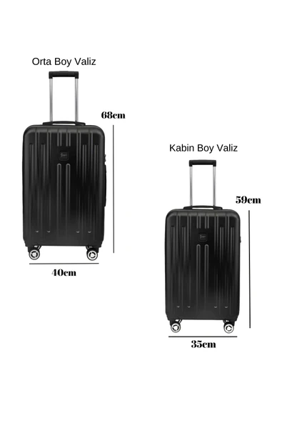 2'li Valiz Seti Polikarbon Orta Boy - Kabin Boy Valiz Parlak Siyah 1810 - Resim 2