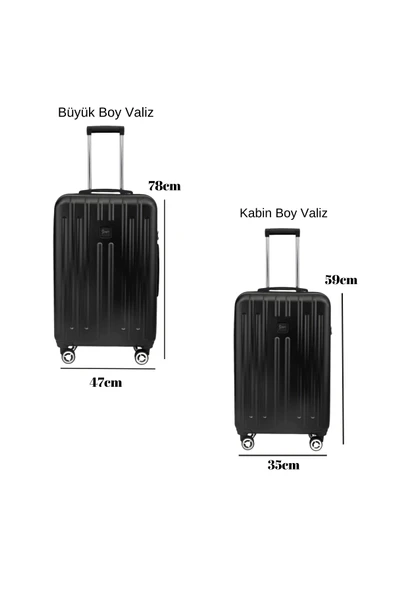 2'li Valiz Seti Polikarbon Büyük Boy – Kabin Boy Valiz Parlak Siyah 1810 - Resim 2