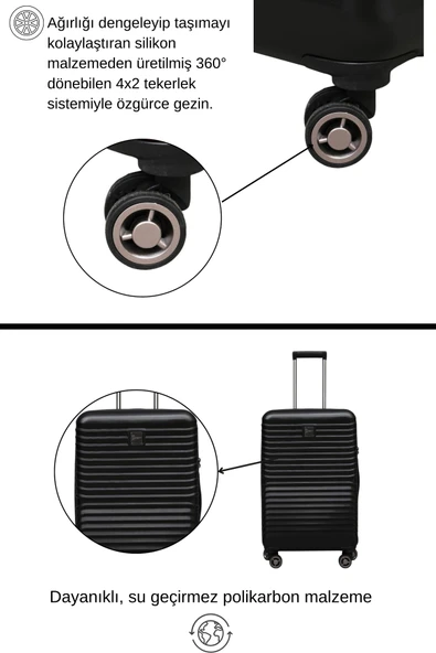2'li Valiz Seti Polikarbon Büyük Boy – Kabin Boy Valiz Siyah 1811 - Resim 3
