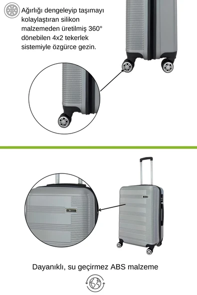 2'li Valiz Seti Büyük Boy - Kabin Boy Valiz Gri 1451 - Resim 3