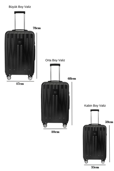 3'lü Valiz Seti Polikarbon Valiz 4x2 Teker Parlak Siyah 1810 - Resim 2