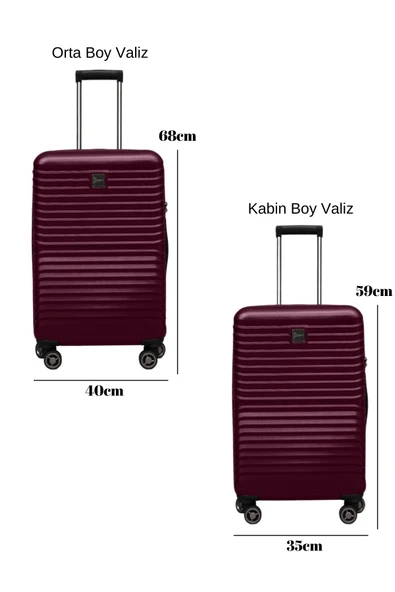 2'li Valiz Seti Polikarbon Orta Boy - Kabin Boy Valiz Bordo 1811 - Resim 2