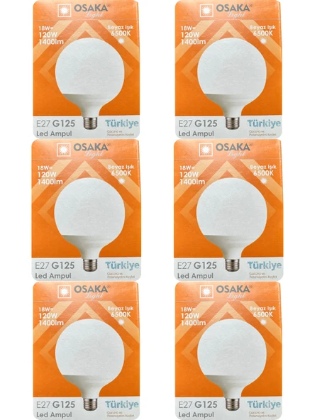 (6 Adet) Osaka 18W (120W) 6500K (Beyaz Işık) E27 Duylu (Kalın Duy) Glop Led Ampul