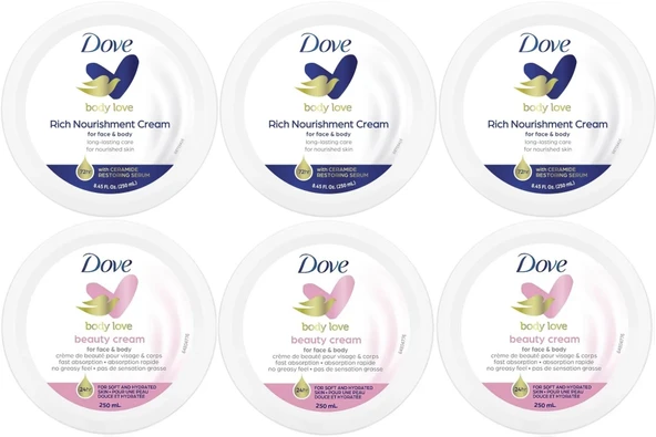 Dove Besleyici El ve Vücut Bakım Kremi 250ML (Rich Nourishment Cream+ Beauty Cream) Karma (6 Lı Set)