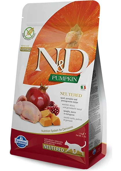 N&D Pumpkin Tahılsız Bal Kabaklı Bıldırcınlı ve Narlı Kısırlaştırılmış Yetişkin Kedi Maması 1,5 Kg