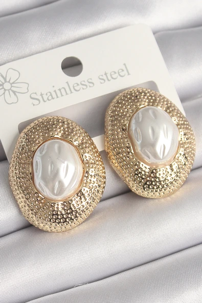 Pirinç Gold Renk İncili İşlemeli Daire Model Kadın Küpe - TJ-BKP10246