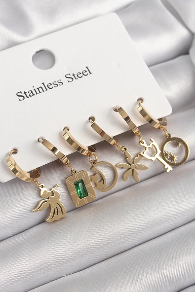 316L Çelik Gold Renk Sallantı Çoklu Figür Model Zirkon Taş Detaylı Kadın Küpe Seti - TJ-BKP10265