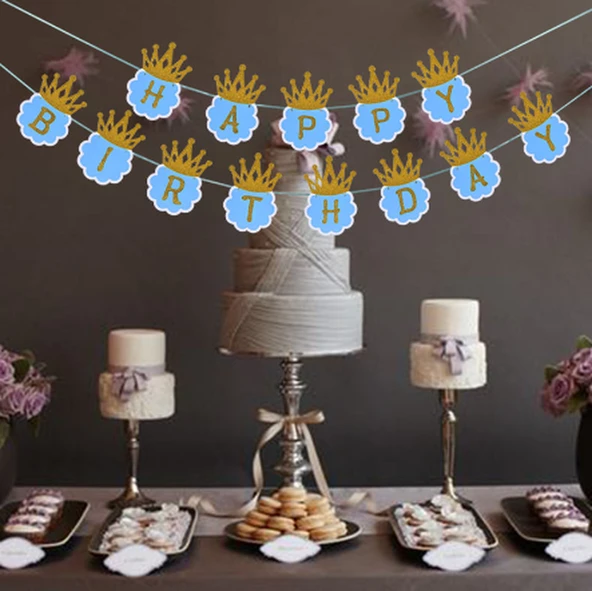 Simli Happy Birthday Flama Dekor 3 Metre Mavi Renk - Resim 2