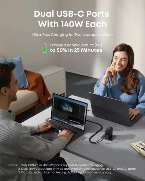 Anker Dizüstü Bilgisayar Şarj Cihazı (140W, 4 Bağlantı Noktalı, PD 3.1) USB-C Kablolu - Siyah - 4