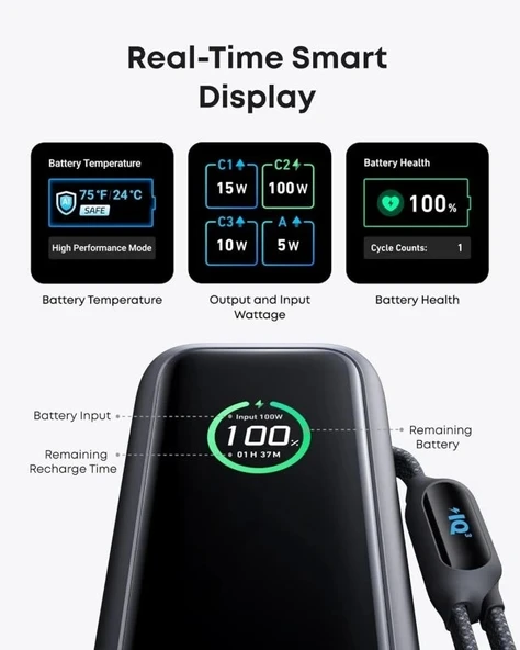 Anker Dizüstü Bilgisayar Power Bank (25K, 165W, Dahili ve Geri Çekilebilir Kablolar) - Siyah - 7