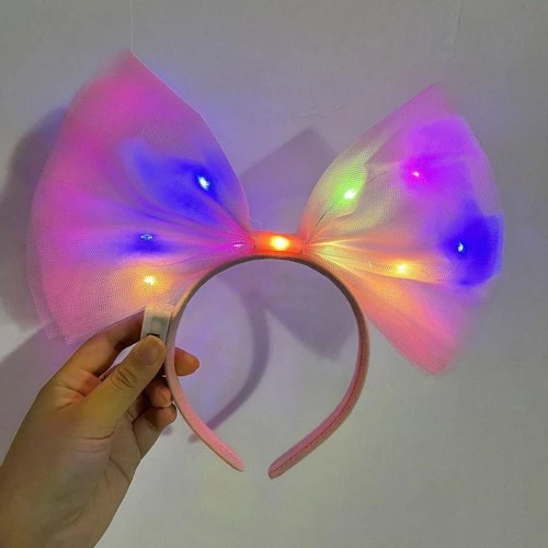 Rengarenk Led Işıklı Fiyonk Tül Parti Tacı Pembe - 2