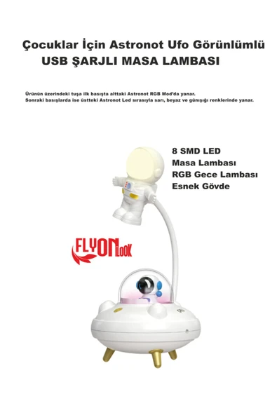 Çocuklar İçin Astronot Ufo Görünlümlü Şarjlı Masa Lambası 3 Fafklı Işık Modlu 8 Smd LED Esnek Gövde - 2
