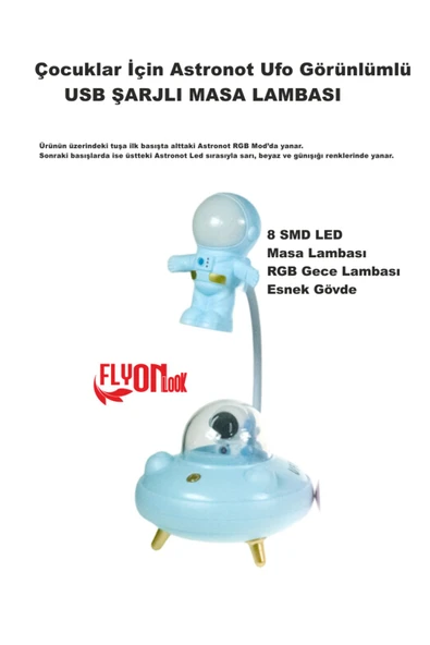 Çocuklar İçin Astronot Ufo Görünlümlü Şarjlı Masa Lambası 3 Fafklı Işık Modlu 8 Smd LED Esnek Gövde - 2