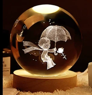 Dekoratif Küçük Prens Tasarımlı Ahşap Altlıklı Işıklı Cam Küre Cam:6cm Ahşap:2cm - 2