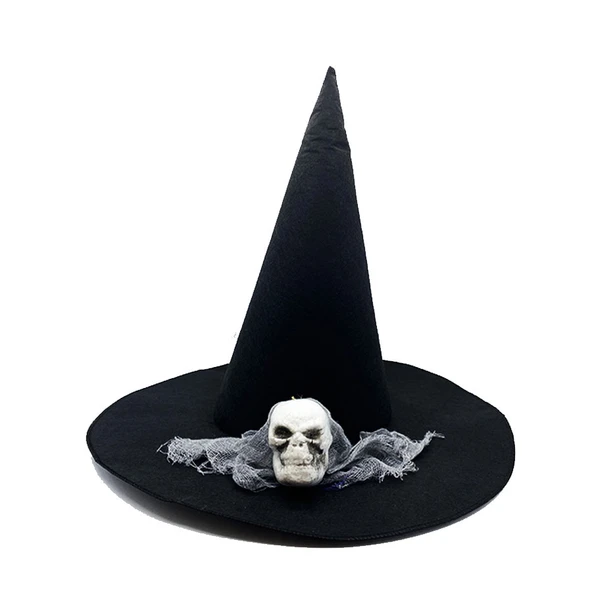 Siyah Renk Gri Duvaklı Kuru Kafa Temalı Cadı Şapkası 35x38 cm ürün görseli 1