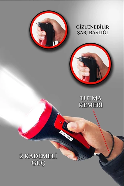 Şarjlı 10w Projektör Led El Fener 2 Mod Aydınlatmalı Uzun Menzil Güvenlik Bekçi Polis Feneri Işıldak - 4