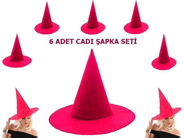 Pembe Fuşya Renk Keçe Cadı Şapkası Yetişkin Çocuk Uyumlu 6 Adet ürün görseli 1