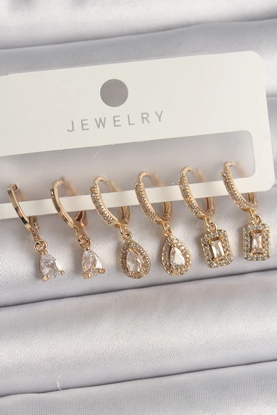 Pirinç Gold Renk Sallantı Zirkon Taşı Damla Model Kadın Küpe Seti - TJ-BKP10120