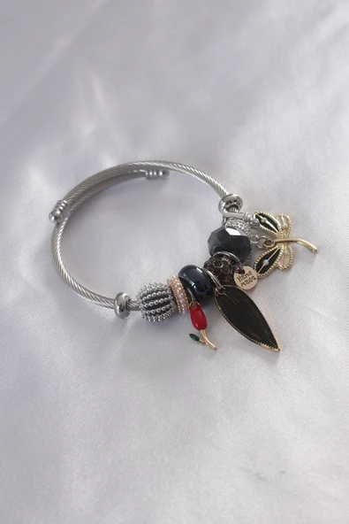 Çelik Charm Model Siyah Kelebek Figür Yaprak Detay Kadın Bileklik - TJ-BB4795 ürün görseli 1