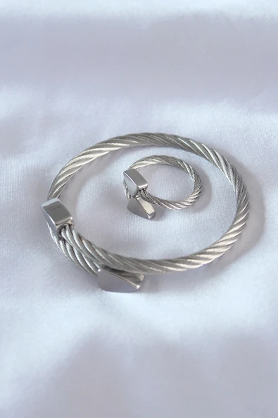 Çelik Gümüş Renk Burgu Model Erkek Bileklik Yüzük Seti - TJ-EB3592 ürün görseli 1