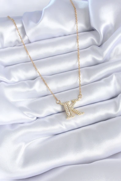 316L Çelik Gold Renk K Harf Model Zirkon Taşlı Kadın Kolye - TJ-BKO7712 - 2