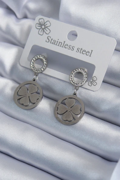 316L Çelik Gümüş Renk Zirkon Taşlı Yonca Model İşleme Detay Kadın Küpe - TJ-BKP7934 ürün görseli 1