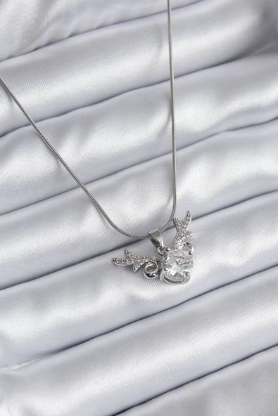 316L Çelik Gümüş Renk Zirkon Taşlı Boynuz Model Kadın Kolye - TJ-BKO8133 ürün görseli 1