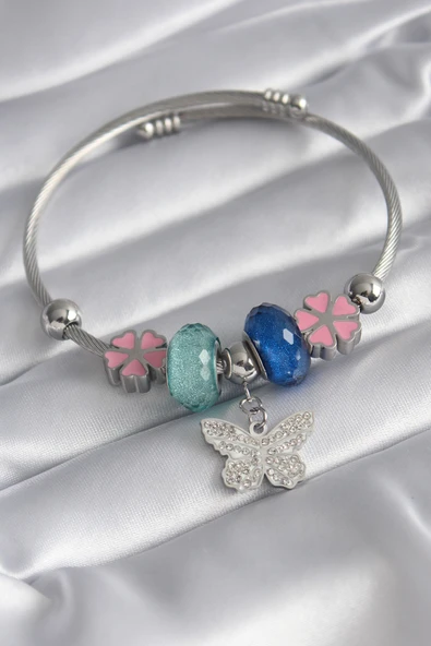 316L Çelik Gümüş Renk Kristal Taşlı Zirkon Taşlı Kelebek Figür Charm Kadın Bileklik - TJ-BB5831 ürün görseli 1