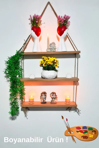 Ramazan Küçük Üç Katlı Modern Boyanabilir Dekoratif Jüt Halatlı Oturma Odası Çocuk Odası Duvar Rafı - 3