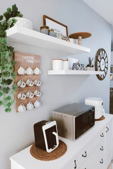 Ramazan Küçük Mutfak Kahve Köşesi Rafı Coffee Bar   Gizli Raf  2'li Beyaz  Duvar Rafı Set - 4