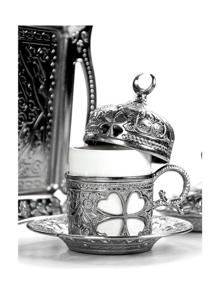 Sena Yonca Desenli Porselenli 4 Parça Gümüş Renk Fincan - 3