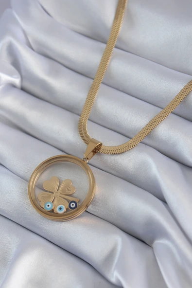 316L Çelik Gold Renk İtalyan Zincir Açılabilir Fanus Yonca Figür Model Kadın Kolye - TJ-BKO8281 - 4