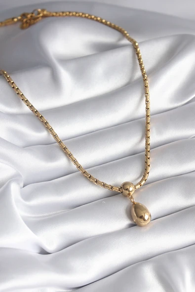 316L Çelik Gold Renk Yılan Sırtı Zincir Model Damla Sallantı Kadın Kolye - TJ-BKO8288 - 2