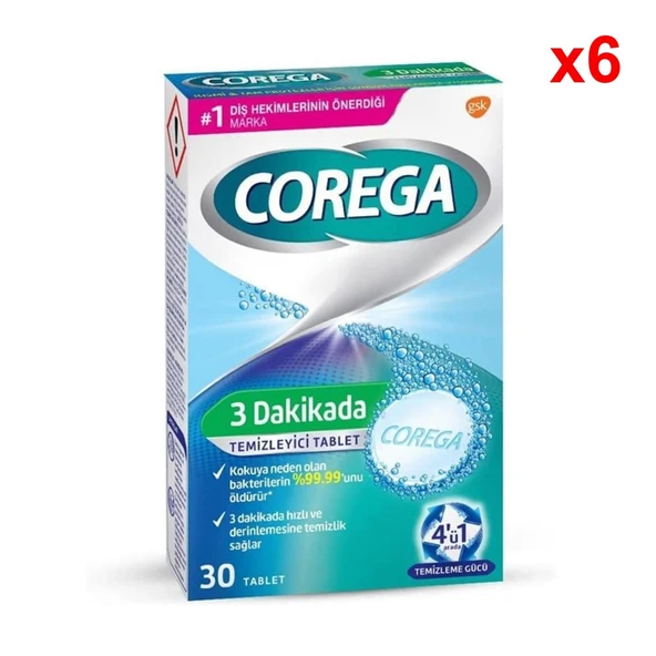 Corega 3 Dakikada 30'lu 6 Adet Protez Temizleme Tableti