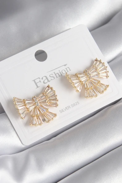 Pirinç Gold Renk Zirkon Taşlı Kurdele Model Kadın Küpe - TJ-BKP8599 ürün görseli 1