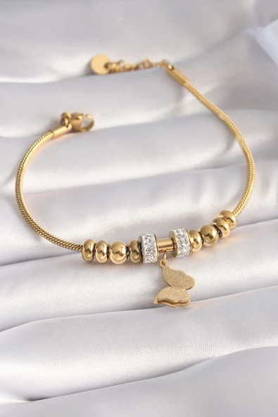 316L Çelik Gold Renk Zirkon Taşlı Simli Kelebek Figür Kadın Bileklik - TJ-BB5952 ürün görseli 1