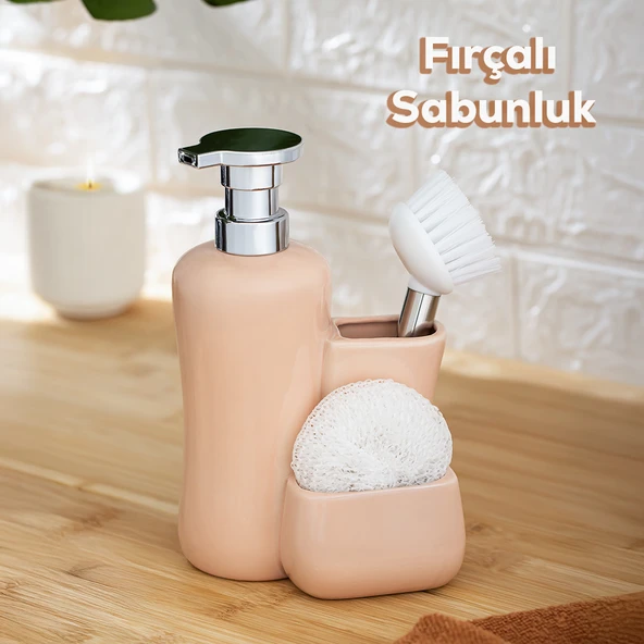 Porsima 277744 Tezgah Üstü Porselen Pudra Sıvı Sabunluk Fırçalı Süngerlikli Sabunluk (550ml) 20cm