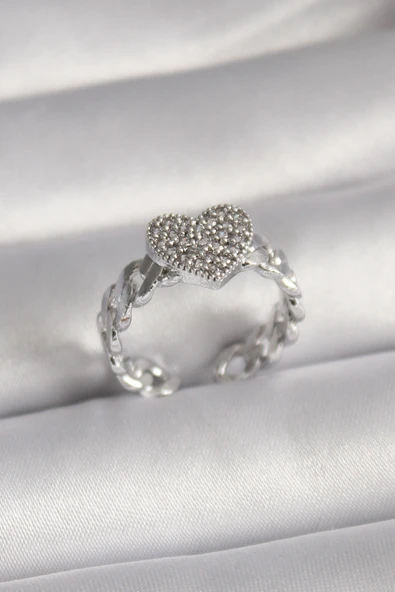 Pirinç Gümüş Renk Zirkon Taşlı Kalp Model Kadın Yüzük - TJ-BYK3093 ürün görseli 1