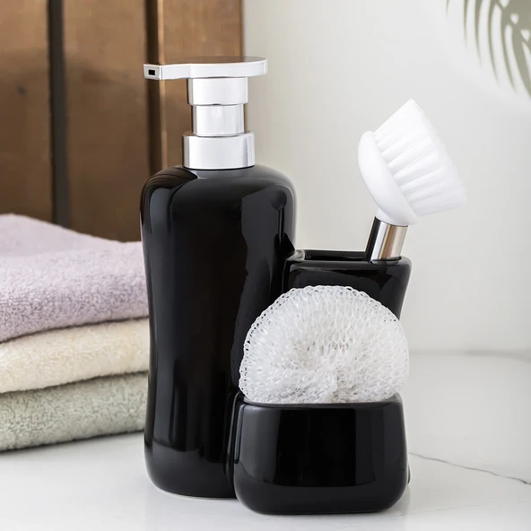 Porsima 268669 Tezgah Üstü Porselen Siyah Sıvı Sabunluk Fırçalı Süngerlikli Sabunluk (550ml) 20cm - 2