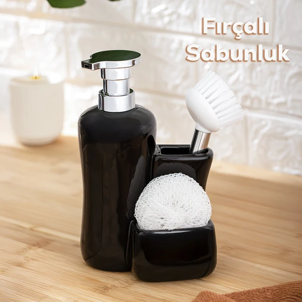 Porsima 268669 Tezgah Üstü Porselen Siyah Sıvı Sabunluk Fırçalı Süngerlikli Sabunluk (550ml) 20cm