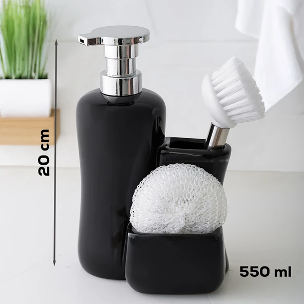 Porsima 268669 Tezgah Üstü Porselen Siyah Sıvı Sabunluk Fırçalı Süngerlikli Sabunluk (550ml) 20cm - 4
