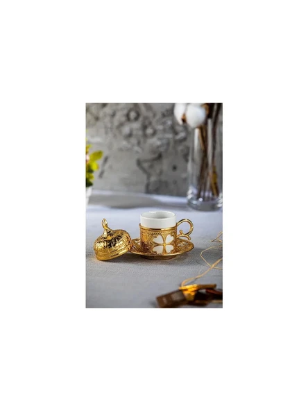 Sena Yonca Desenli Porselenli 4 Parça Altın Renk Fincan - 2