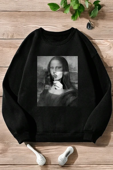 Unisex Mona Lisa Baskılı Bisiklet Yaka Sweatshirt ürün görseli 1